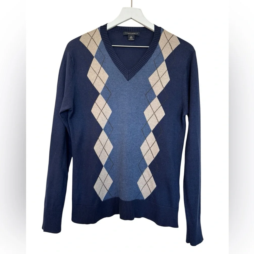 Banana Republic V-Neck Silk Cashmere Blend Argyle Sweater Navy Blue Size Small